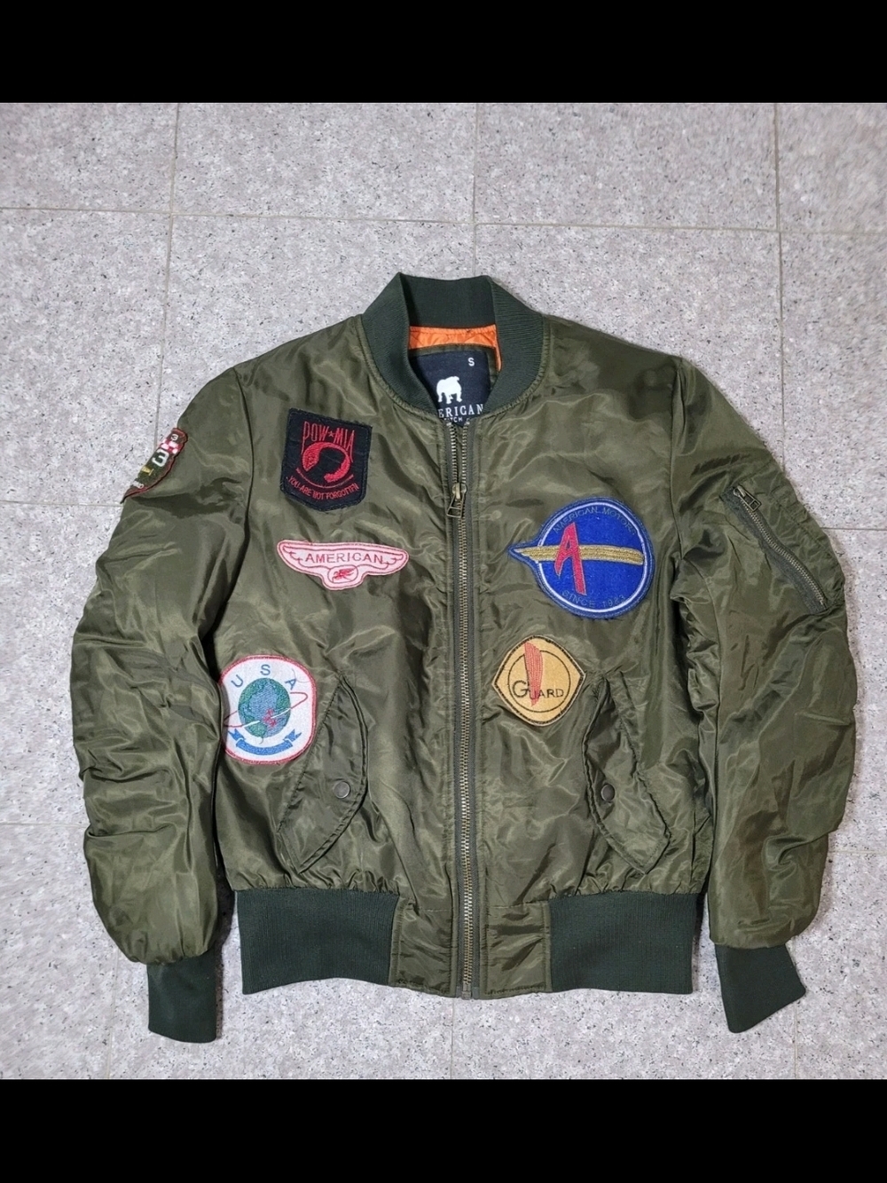 American Stitch Olive Green Bomber Jacket with Multicolor Patches Size Small